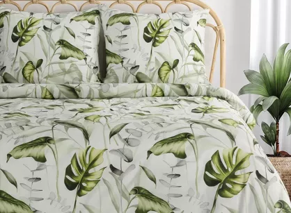 Pościel bawełniana 140x200 ELLEN biała z wzorem zielonych egzotycznych liści z kolekcji Classic Family