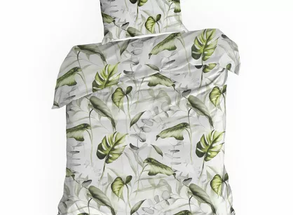 Pościel bawełniana 140x200 ELLEN biała z wzorem zielonych egzotycznych liści z kolekcji Classic Family