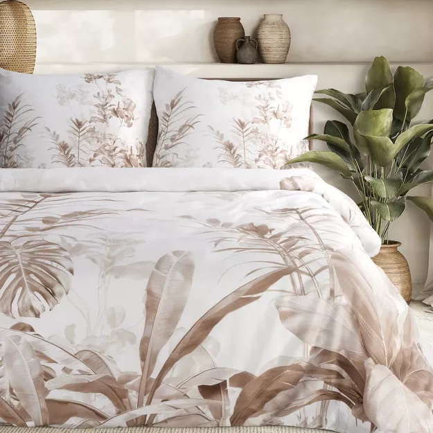 Pościel satynowa 140x200 PREMIUM 25 biała z wzorem egzotycznych brązowych liści z kolekcji Premium