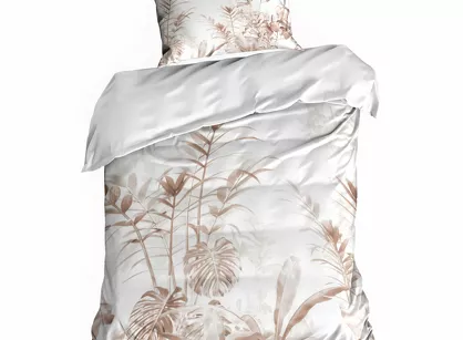 Pościel z satyny 140x200 PREMIUM 25 biała z wzorem egzotycznych brązowych liści z kolekcji Premium