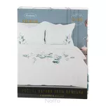 Pościel satynowa 220x200 HAFT 11B biała z haftowanym niebieskim wzorem botanicznym z kolekcji Premium - 3