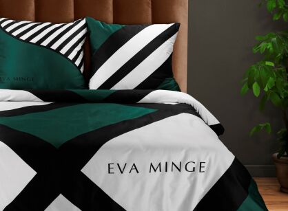 Pościel z makosatyny 160x200 EVA 7 Eva Minge czarna zielona wzór geometryczny w pasy z kolekcji Premium