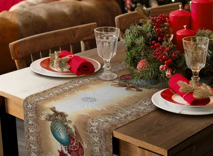 Bieżnik świąteczny 40x100 4069 gobelinowy beżowy z bombkami i połyskującą nicią złotą