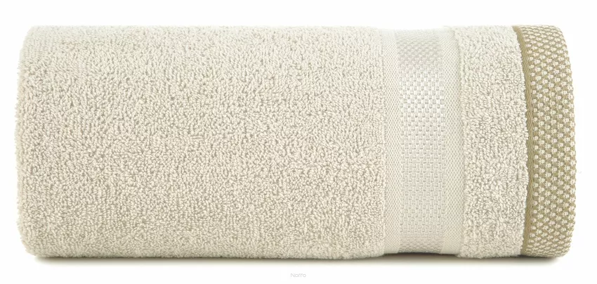Ręcznik bawełniany 100x150 ABBIE kremowy z żakardową błyszczącą bordiurą w pasy z delikatną krateczką