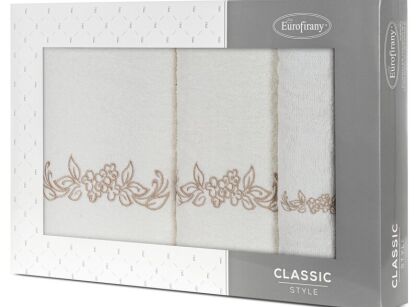 Komplet ręczników 3 szt. CLAVIA kremowe z haftowanym beżowym wzorem roślinnym w kartonowym pudełku