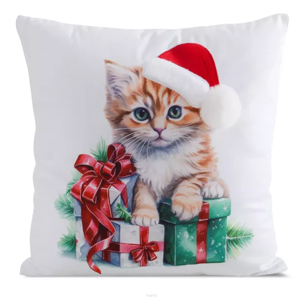 Poszewka świąteczna 45x45 215 welwetowa biała czerwona z kotkiem świątecznym