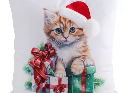 Poszewka świąteczna 45x45 215 welwetowa biała czerwona z kotkiem świątecznym