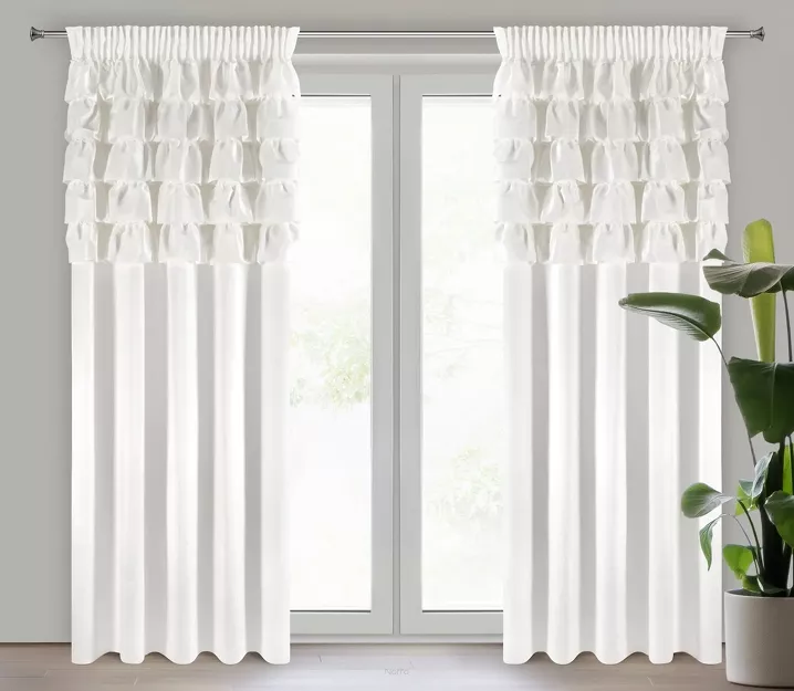 Zasłona na taśmie 140x270 AURA welwetowa biała jednokolorowa zdobiona w górnej części falbanami