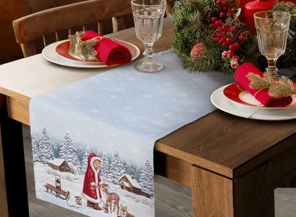 Bieżnik świąteczny 45x140 1154 gobelinowy srebrny z zimową scenerią i połyskującą srebrną nicią