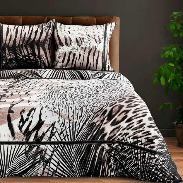 Pościel z makosatyny 160x200 EVA 21 Eva Minge jasnobrązowa z wzorem zwierzęcym i napisami z kolekcji Premium