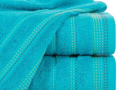 Ręcznik bawełniany 70x140 POLA turkusowy z kolorową bordiurą zakończoną stebnowaniem