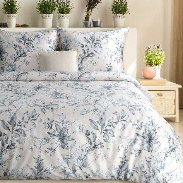 Pościel z makosatyny 220x200 PREMIUM 28 różowa niebieska kwiatowy wzór Premium