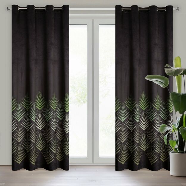 Zasłona na przelotkach 140x250 ANGELINA welwetowa z geometrycznym oliwkowym nadrukiem