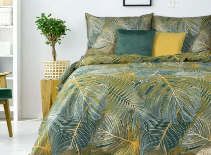Pościel satynowa 220x200 MELANIA zielona musztardowa z nadrukiem dużych liści z kolekcji Nova Print