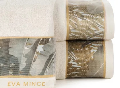 Ręcznik 70x140 EVA 17 Eva Minge beżowy zdobiony bordiurą z botanicznym wzorem w liście z kolekcji Premium