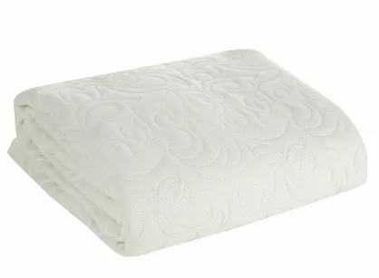 Narzuta jednokolorowa 220x240 LEN 4 kremowa pikowana w ornamentowy wzór imitująca len