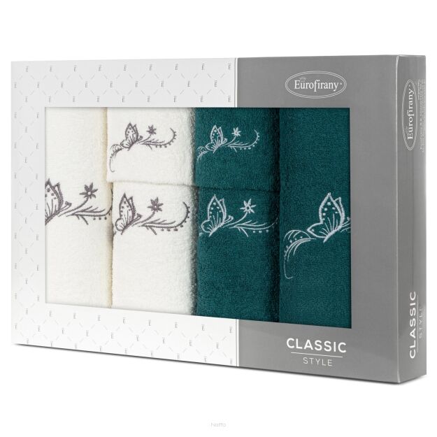 Komplet ręczników 6 szt. FAIRY ciemna zieleń kremowe z haftowanym wzorem motyli w kartonowym pudełku