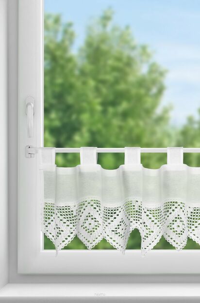 Zazdrostka gotowa na szelkach 150x30 ISAAC biała z bawełny zdobiona koronką