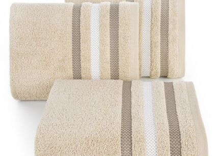 Ręcznik bawełniany 50x90 GRACJA beżowy z welurową bordiurą w 3 pasy z dodatkiem lśniącej nici