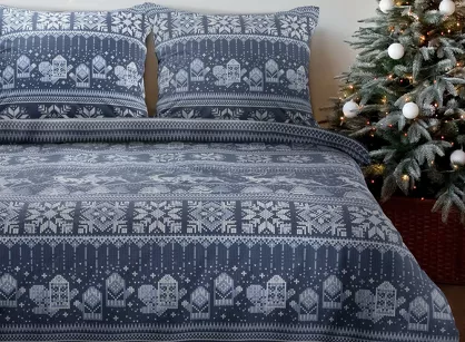 Pościel świąteczna 220x200 FJORD granatowo biała wzór skandynawski z flaneli