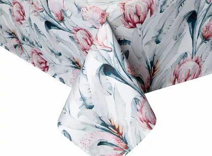 Obrus na taras 140x220 GARDEN 32 biały wodoodporny niebieski motyw kwiatowy