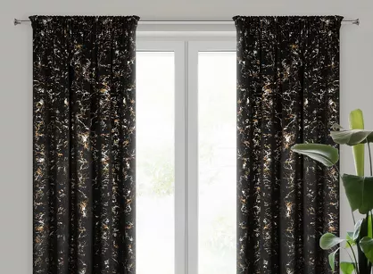 Zasłona na taśmie 140x270 DORI welwetowa czarna zdobiona metalicznym nadrukiem marmurku