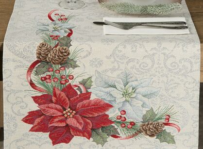 Bieżnik świąteczny 45x140 1198 gobelinowy srebrzysty z gwiazdką betlejemską i połyskującą srebrną nicią