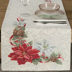 Bieżnik świąteczny 45x140 1198 gobelinowy srebrzysty z gwiazdką betlejemską i połyskującą srebrną nicią