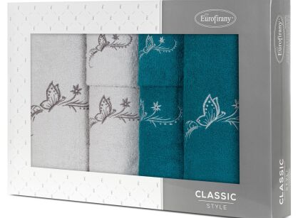 Komplet ręczników 6 szt. FAIRY ciemny turkus srebrne z haftowanym wzorem motyli w kartonowym pudełku