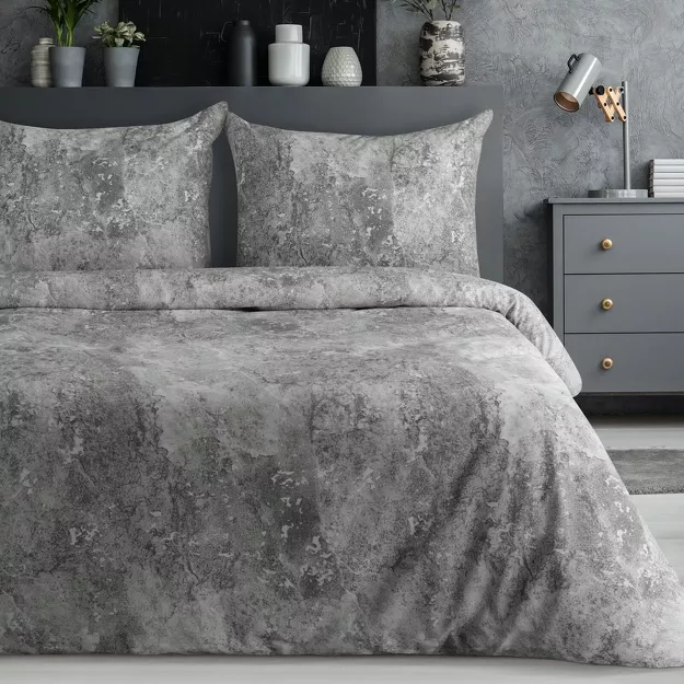 Pościel satynowa 160x200 SPRING 71 srebrna stalowa z wzorem marmurkowym z kolekcji Classic