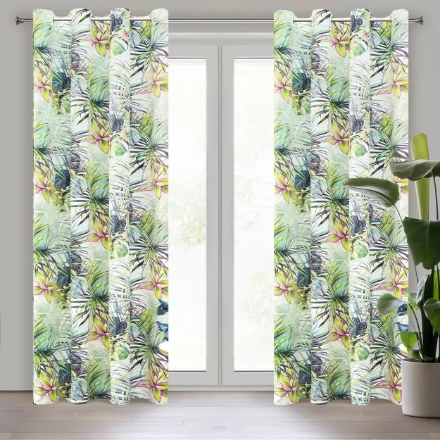 Zasłona na przelotkach welwetowa 140x250 ROMMY biała z zielonym fioletowym nadrukiem egzotycznych liści i kwiatów