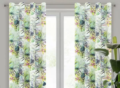 Zasłona na przelotkach welwetowa 140x250 ROMMY biała z zielonym fioletowym nadrukiem egzotycznych liści i kwiatów