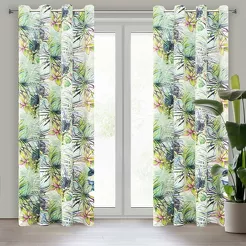 Zasłona gotowa na przelotkach welwetowa 140x250 ROMMY biała z zielonym fioletowym nadrukiem egzotycznych liści i kwiatów