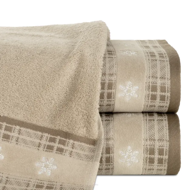 Ręcznik świąteczny 50x90 HOLLY 1 beżowy z żakardową bordiurą z wyhaftowanymi gwiazdkami