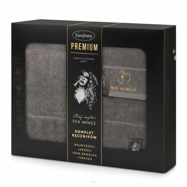 Komplet ręczników GAJA 3 Eva Minge srebrne z welwetową bordiurą sygnowaną logo projektantki