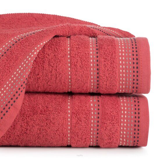Ręcznik bawełniany 50x90 POLA czerwony z kolorową bordiurą zakończoną stebnowaniem