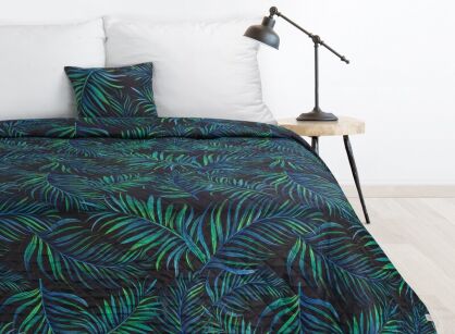 Narzuta pikowana 170x210 PALMS 1 czarna z nadrukiem zielonych niebieskich liści palmy
