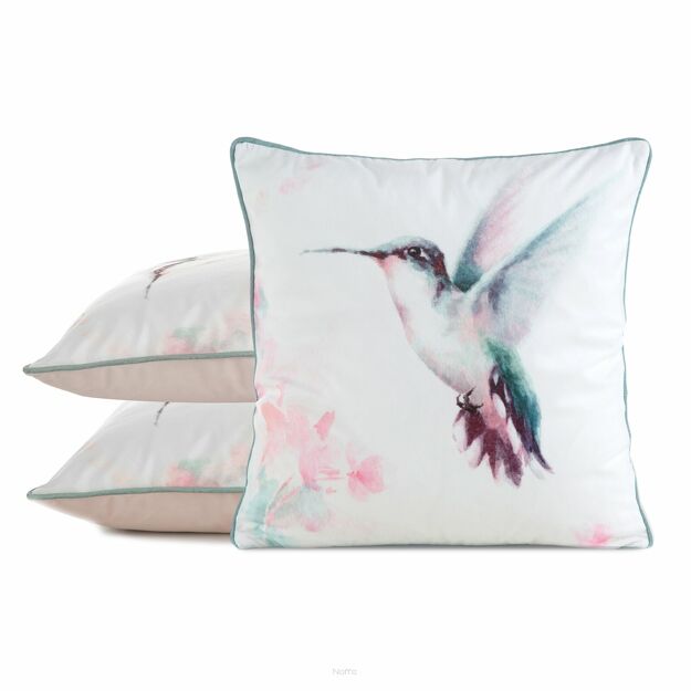 Poszewka welwetowa 45x45 VELVET 19 kremowa z designerskim pudrowym wzorem botanicznym obszyta lamówką