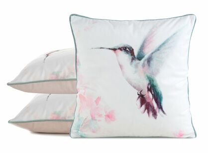 Poszewka welwetowa 45x45 VELVET 19 kremowa z designerskim pudrowym wzorem botanicznym obszyta lamówką