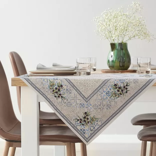 Nakładka gobelinowaa 100x100 4094 naturalna niebieska gałązka oliwna