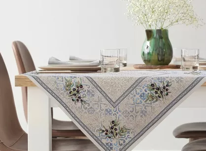 Nakładka gobelinowaa 100x100 4094 naturalna niebieska gałązka oliwna