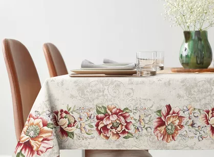 Obrus gobelinowy 140x180 1182 czerwony z wzorem kwiatów piwoni