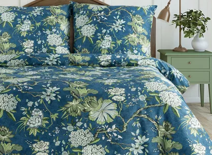 Pościel satynowa 220x200 SPRING 68 niebiesko miętowa nadruk kwiatów