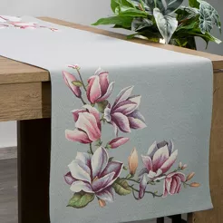 Bieżnik gobelinowy 45x140 1214 popielaty z wzorem różowych kwiatów magnolii