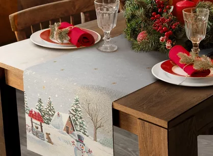 Bieżnik świąteczny 40x100 1163 gobelinowy popielaty z motywem zimowym i połyskującą złotą nicią