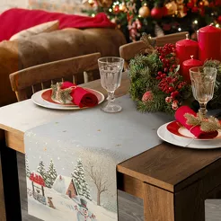 Bieżnik świąteczny 40x100 1163 gobelinowy popielaty z motywem zimowym i połyskującą złotą nicią