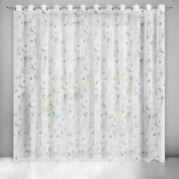 Firana na przelotkach 350x250 BESSY biała z etaminy z różowym wzorem kwiatów