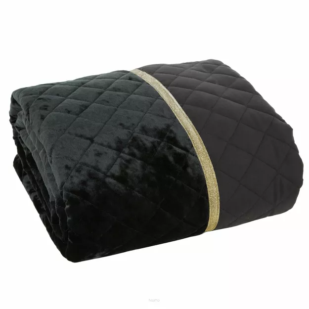 Narzuta welwetowa 220x240 KRISTIN czarna przeszywana w delikatny wzór z błyszczącą lamówką