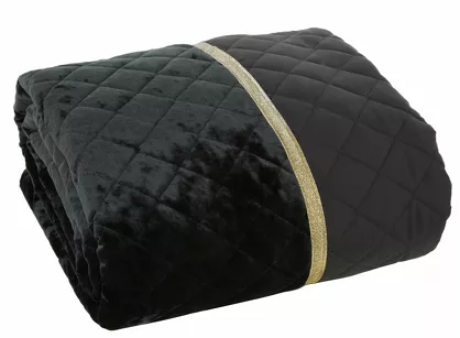 Narzuta welwetowa 220x240 KRISTIN czarna przeszywana w delikatny wzór z błyszczącą lamówką