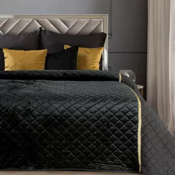 Narzuta welwetowa 220x240 KRISTIN czarna przeszywana w delikatny wzór z błyszczącą lamówką